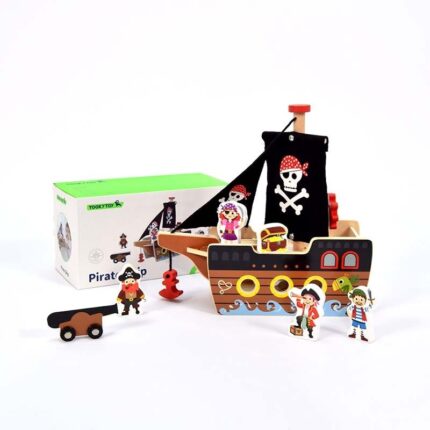 Tooky Toy Дрвен пиратски брод со фигури, топ и ковчег