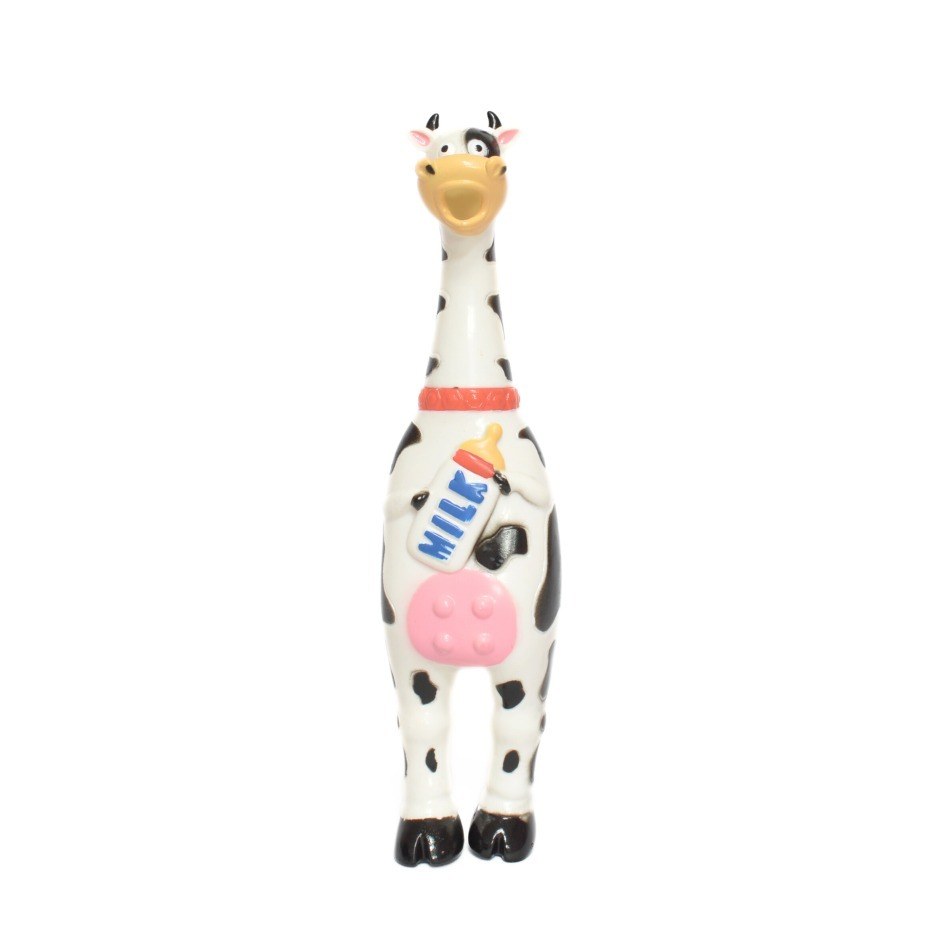 Squeaky rubber cow toy with a milk bottle, 8 x 32 x 7 cm Squeaky rubber cow toy with a milk bottle, 8 x 32 x 7 cm