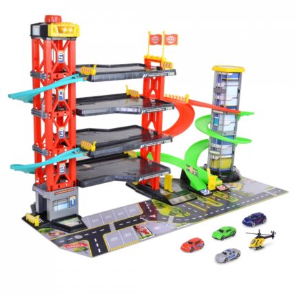 Dickie Toys Гаража на 4 нивоа со лифт, 4 метални автомобили и хеликоптер