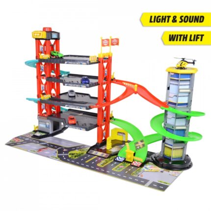 Dickie Toys Гаража на 4 нивоа со лифт, 4 метални автомобили и хеликоптер – слика 2