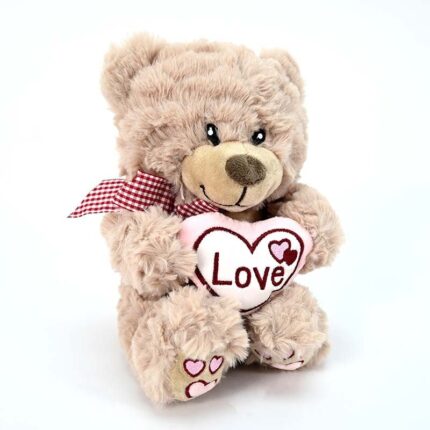 Amek Плишано мече со каро машна и розово срце Love, 20 cm