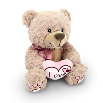Amek Плишано мече со каро машна и розово срце Love, 30 cm