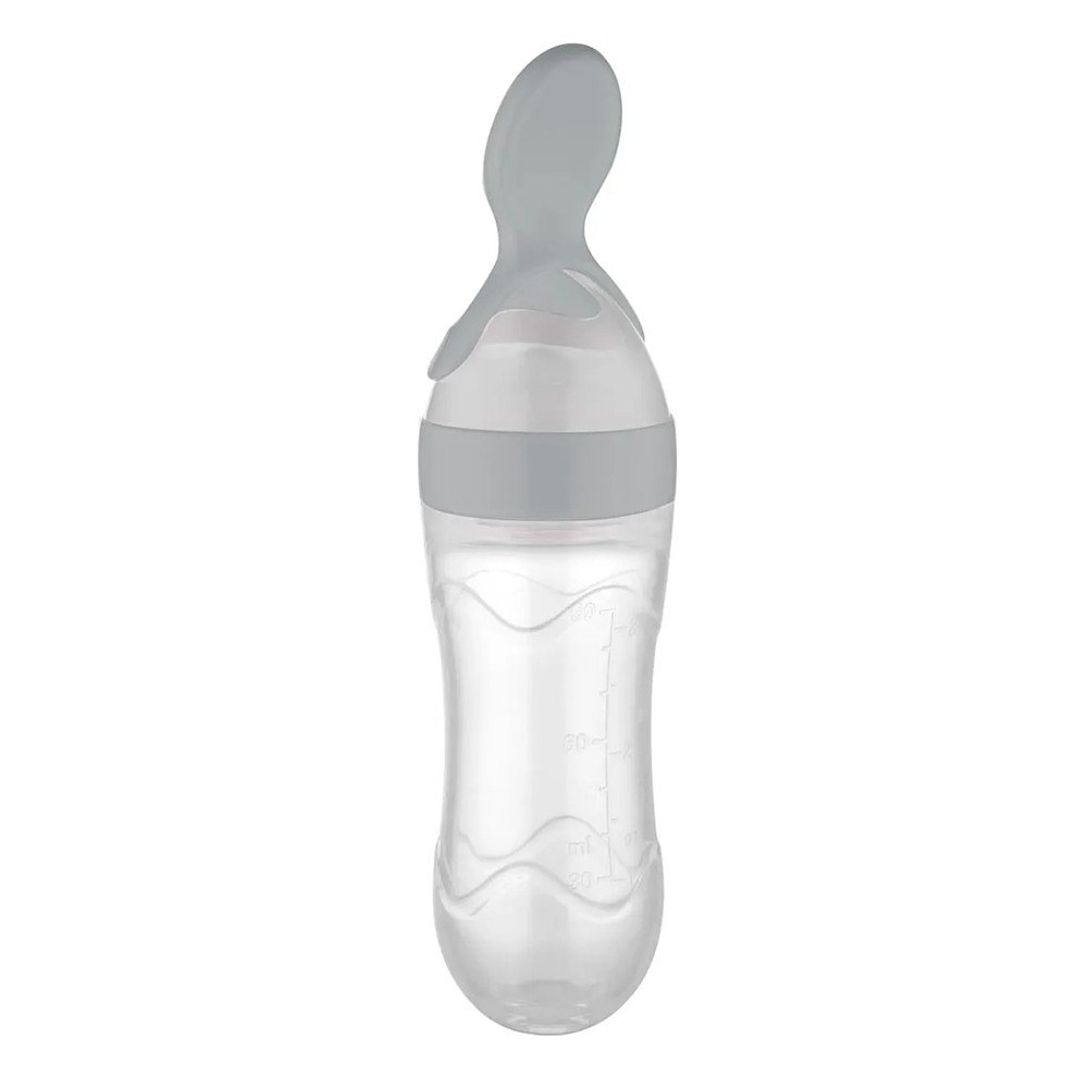 Baby Jem Силиконско шише со лажичка за пире, 90 ml, сиво Baby Jem Силиконско шише со лажичка за пире, 90 ml, сиво