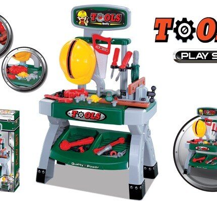 Работна маса со алати и шлем за деца Tools Play Set, зелено-сива
