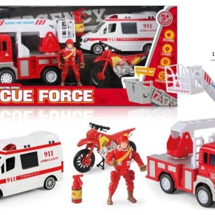 Пожарникарски сет Rescue Force со камион со скала, амбулантно возило и мотор