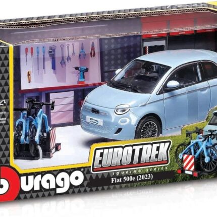 Bburago Eurotrek Fiat 500e метален модел 1:24 со носач за велосипеди, светлосин