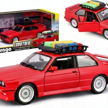 Bburago Eurotrek BMW M3 (E30) 1988 метален модел 1:24 со багаж, црвен – слика 2