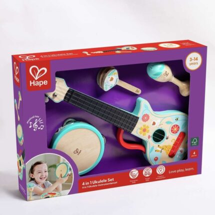 Hape Дрвен музички сет 4 во 1 со укулеле, маракас, кастањети и дајре – слика 2