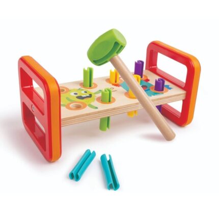 Hape Дрвена клупа за чукање Monster Match n Smash, со чеканче и 8 клинчиња