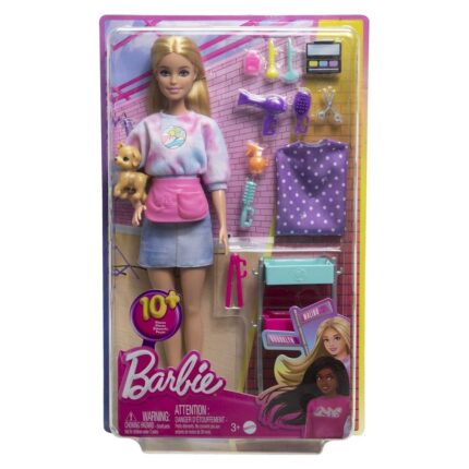 BARBIE Malibu stylist doll with puppy and 14 accessories, HNK95