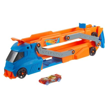 HOT WHEELS Kamion transportues City Speed Track Transporter me rampë dhe makinë, HYT83