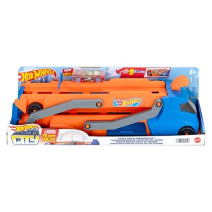 HOT WHEELS Kamion transportues City Speed Track Transporter me rampë dhe makinë, HYT83