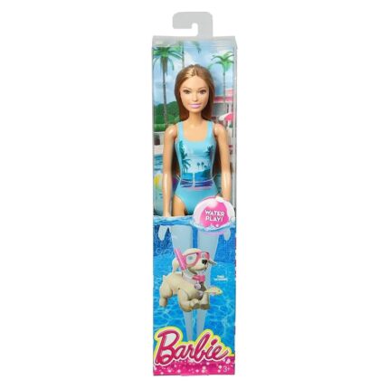 Barbie Kukull në plazh me rroba banje blu