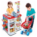 Supermarket për fëmijë me karrocë blerjesh, arkë, skaner dhe peshore