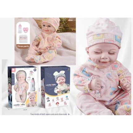 Kukull bebe Lovely Baby me biberon, biberon qetësues dhe pelenë, rozë