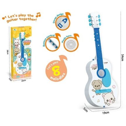 Детска гитара Melody Guitar со 8 мелодии и ремен, бела со сино