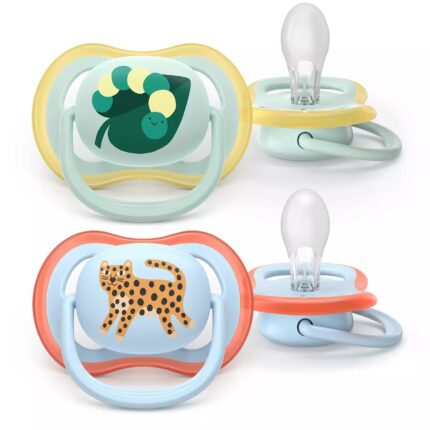 Philips Avent ultra air soother 0–6 months, 2 pieces, leaf and leopard