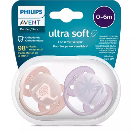Philips Avent ultra soft soother 0–6 months, 2 pieces, pink and purple