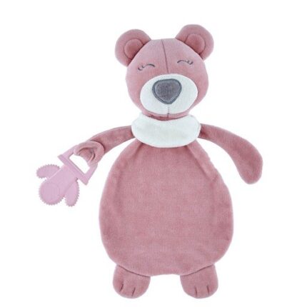 Babyjem Мека играчка-ќебенце мече со силиконска глодалка, розево