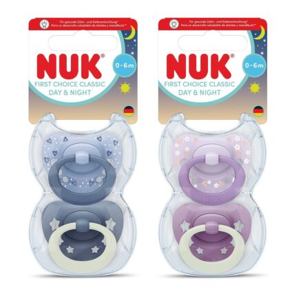 NUK First Choice Classic day and night soother set, 0–6 months, 2 pieces