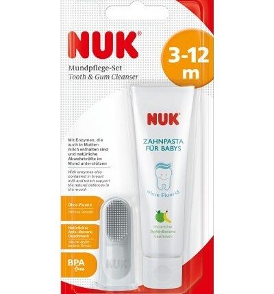 NUK Set për kujdesin e dhëmbëve – pastë dhëmbësh për bebe dhe furçë silikoni për gisht